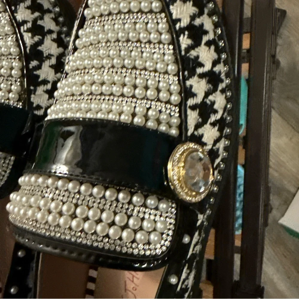 Betsey Johnson Black and White Pearl Embellished Loafers - Picture 4 of 7
